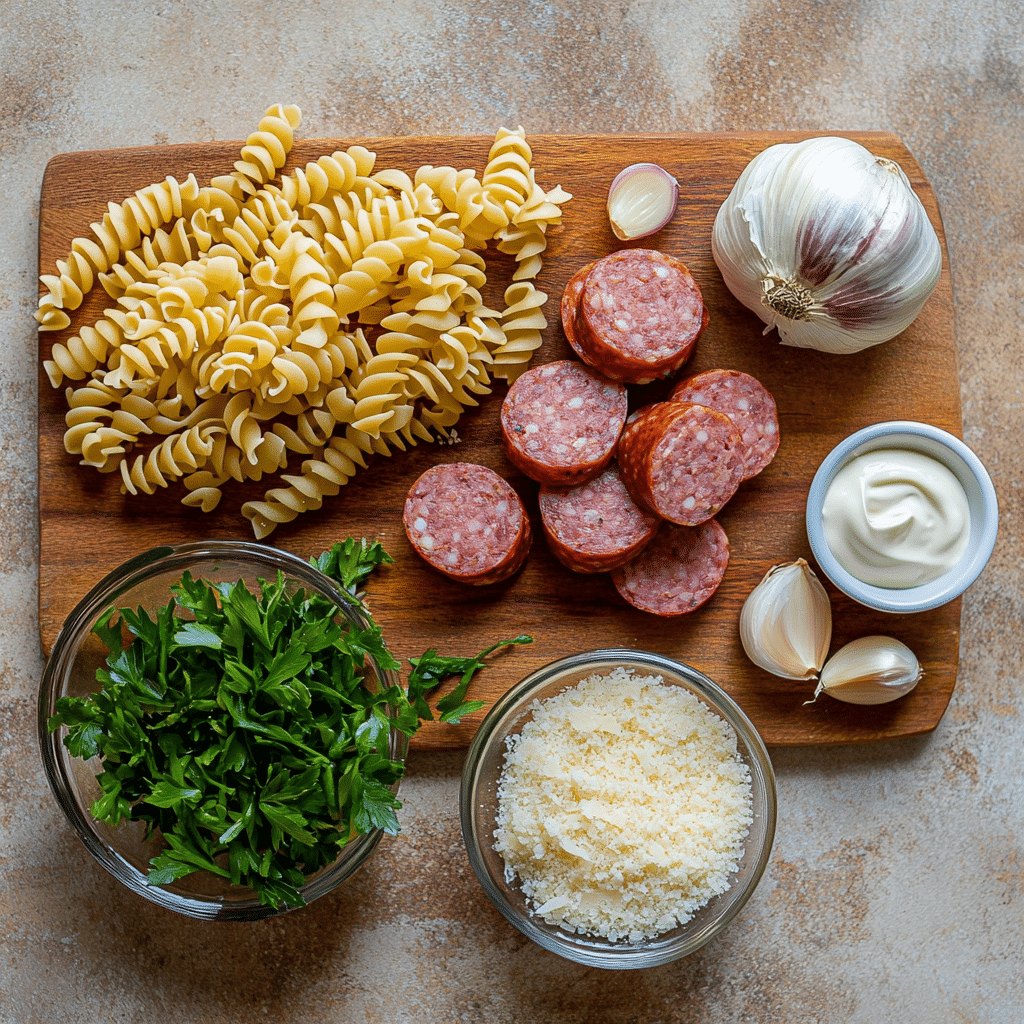 Ingredients for Cajun pasta with smoked sausage including rotini, garlic, parsley, sausage, Parmesan, and cream
