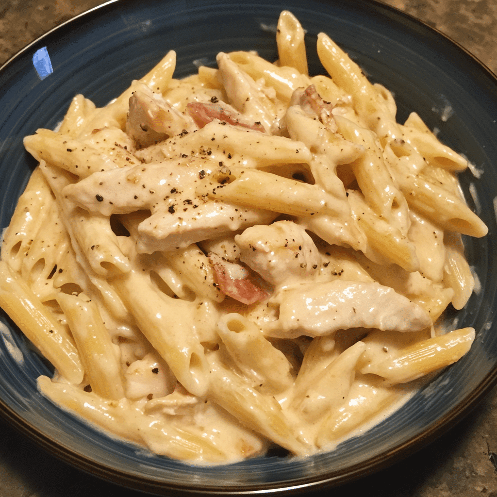 Boursin chicken pasta in a skillet, ready to serve for an easy weeknight dinner