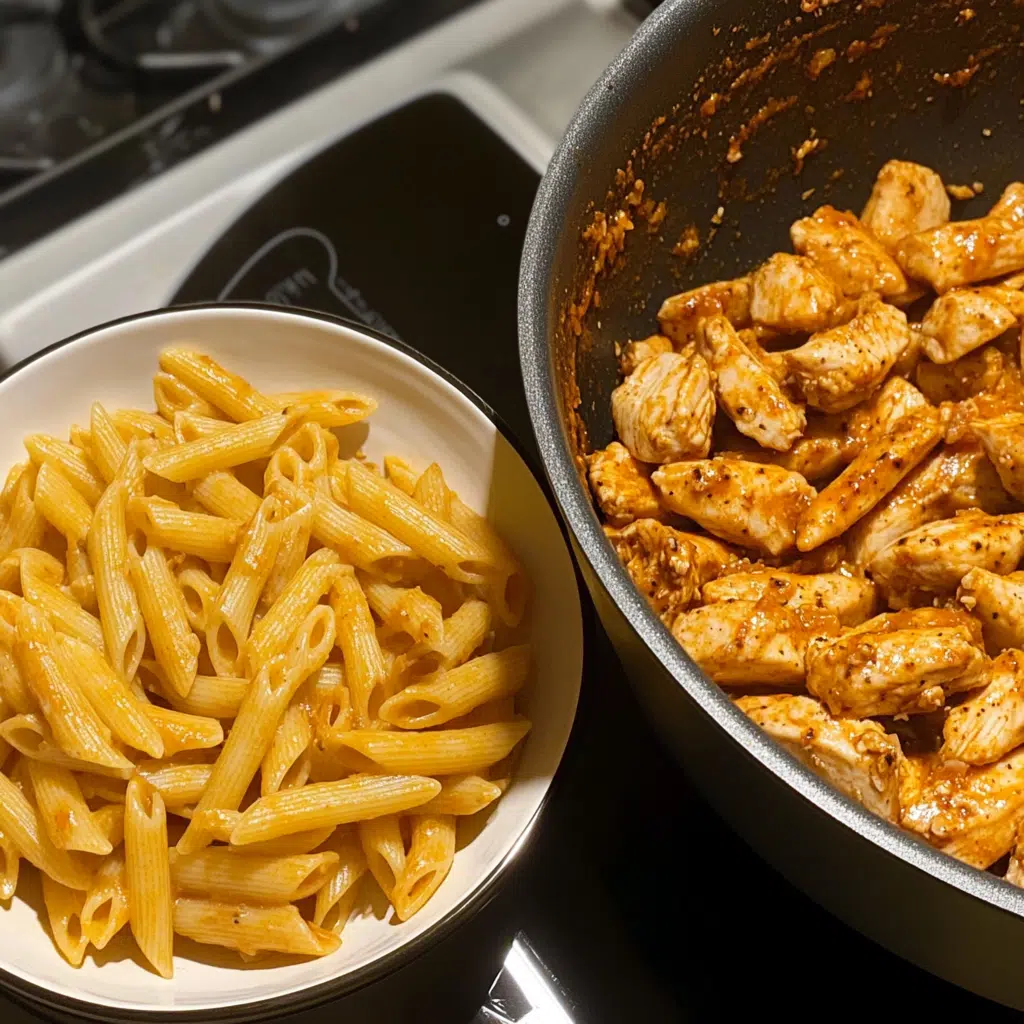 Sausage and chicken searing in a pot for Cajun pasta