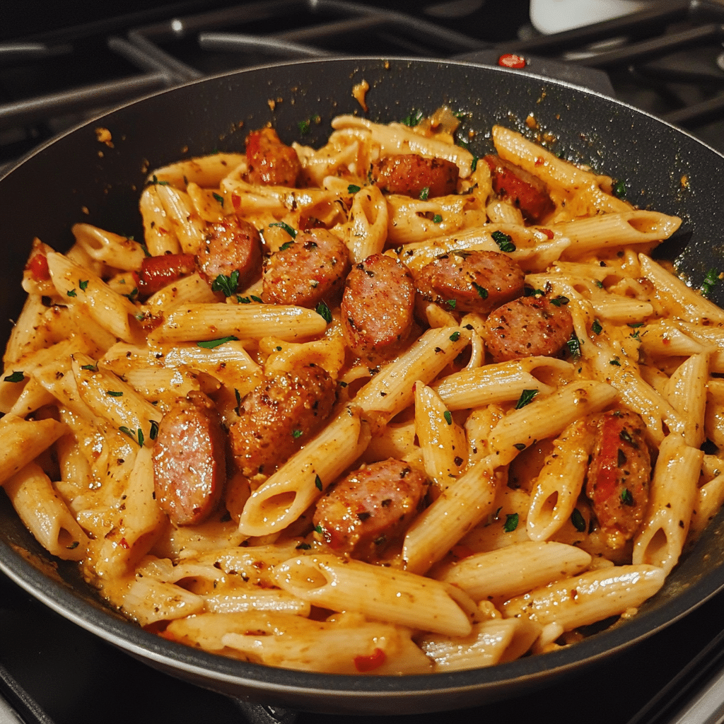 Sliced sausage being browned in a skillet with Cajun seasoning
