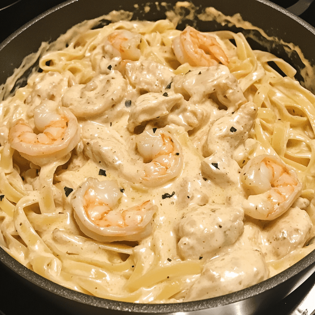 Sautéing garlic, chicken, and shrimp in a pan to build flavor for creamy Alfredo pasta