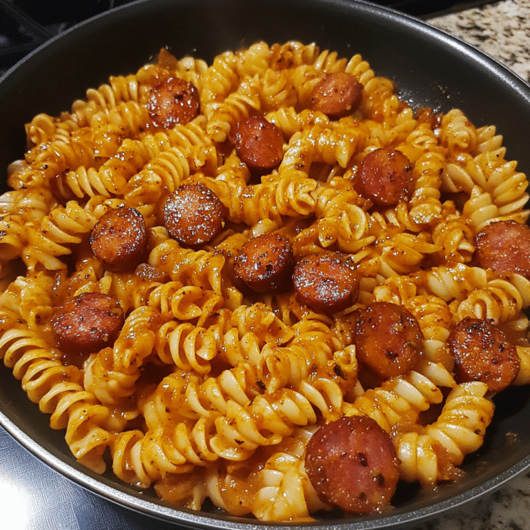 Cajun pasta with smoked sausage and rotini in a skillet, coated in creamy spicy sauce