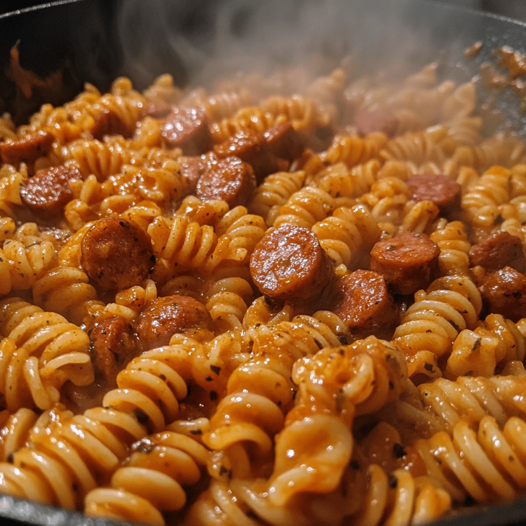 Creamy Cajun pasta with smoked sausage served in a black skillet, ready to eat