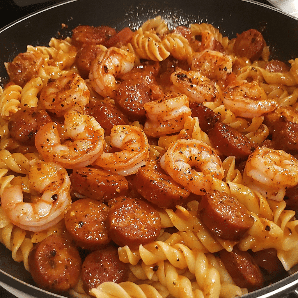 Cajun shrimp and smoked sausage pasta in creamy sauce