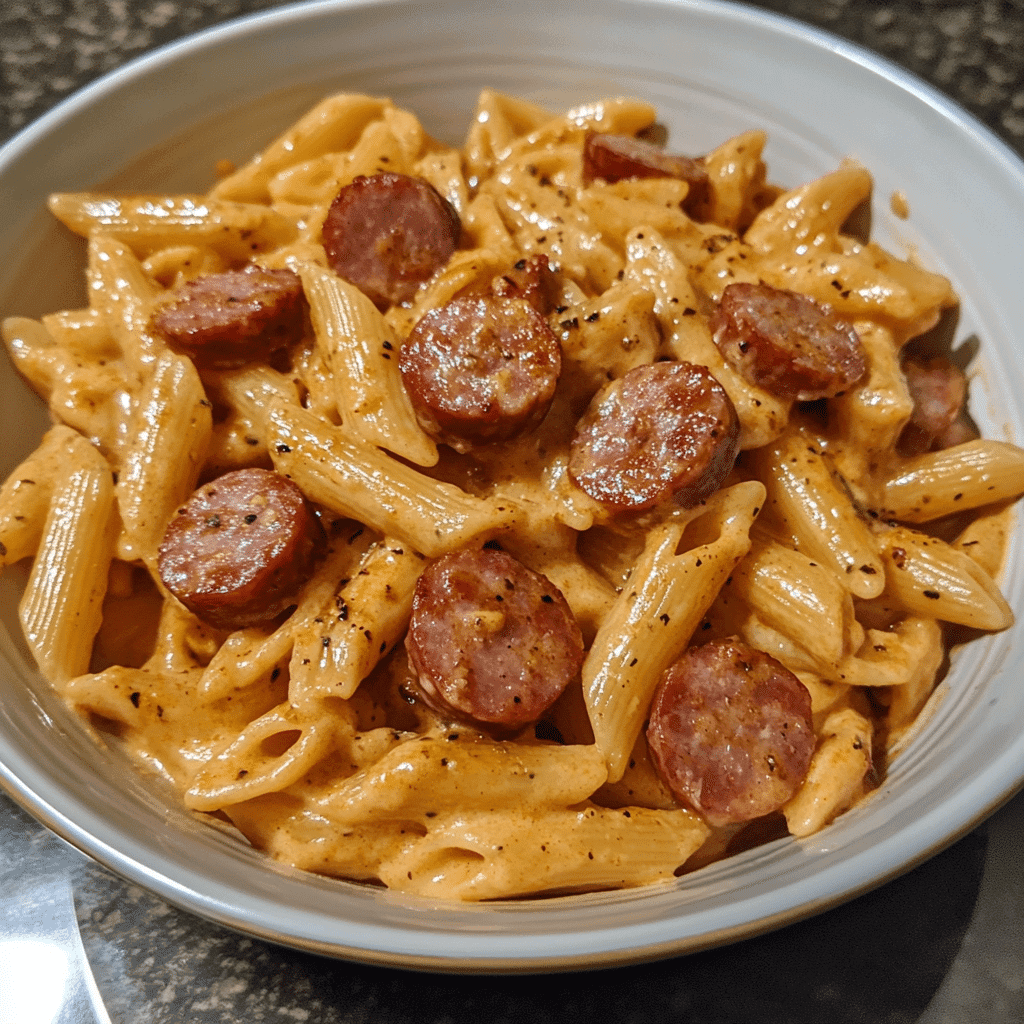 A bowl of creamy cajun smoked sausage pasta garnished with parsley, ready to be served.