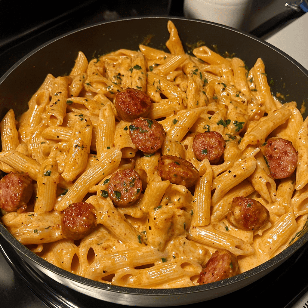 Cajun smoked sausage pasta served in a bowl