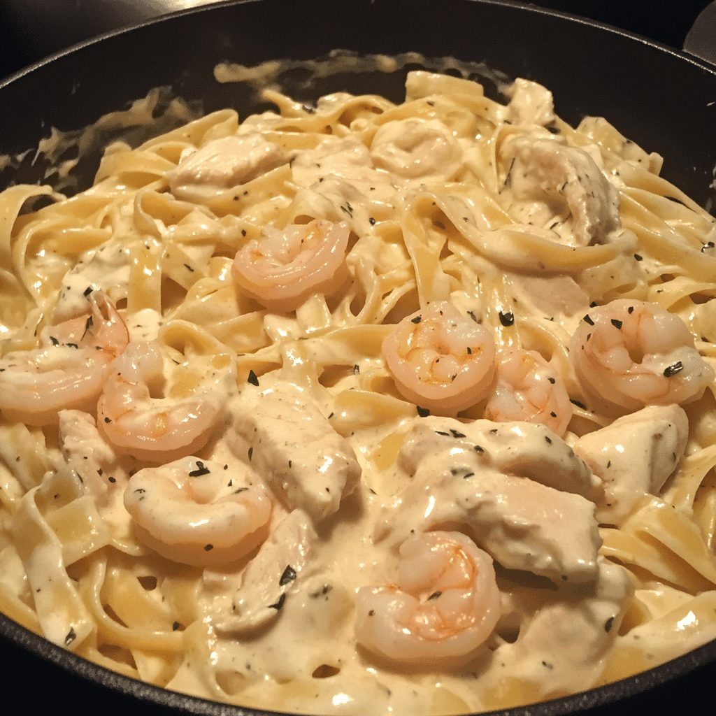 chicken and shrimp alfredo pasta served in a bowl