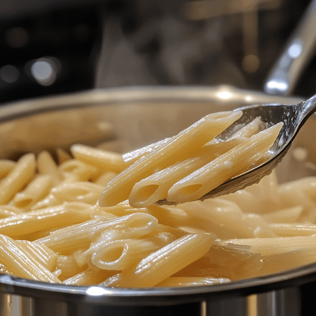 Boiling pasta with reserved pasta water for chicken Boursin cheese pasta