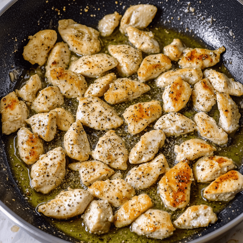 Golden brown chicken cooking in skillet for chicken Boursin cheese pasta