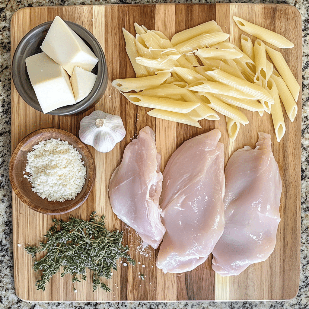 Ingredients for chicken Boursin cheese pasta