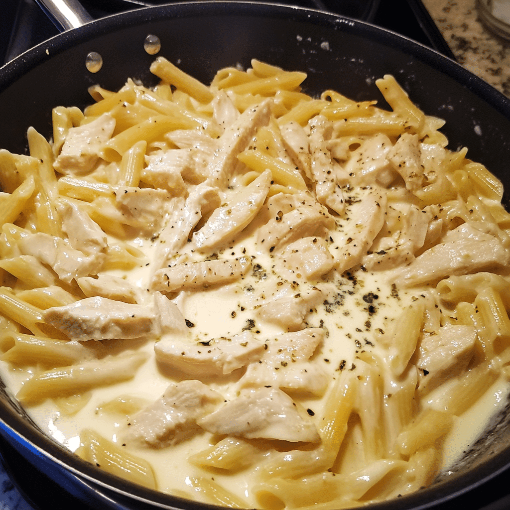 Garlic sautéing with Boursin cheese and cream in skillet for chicken Boursin cheese pasta