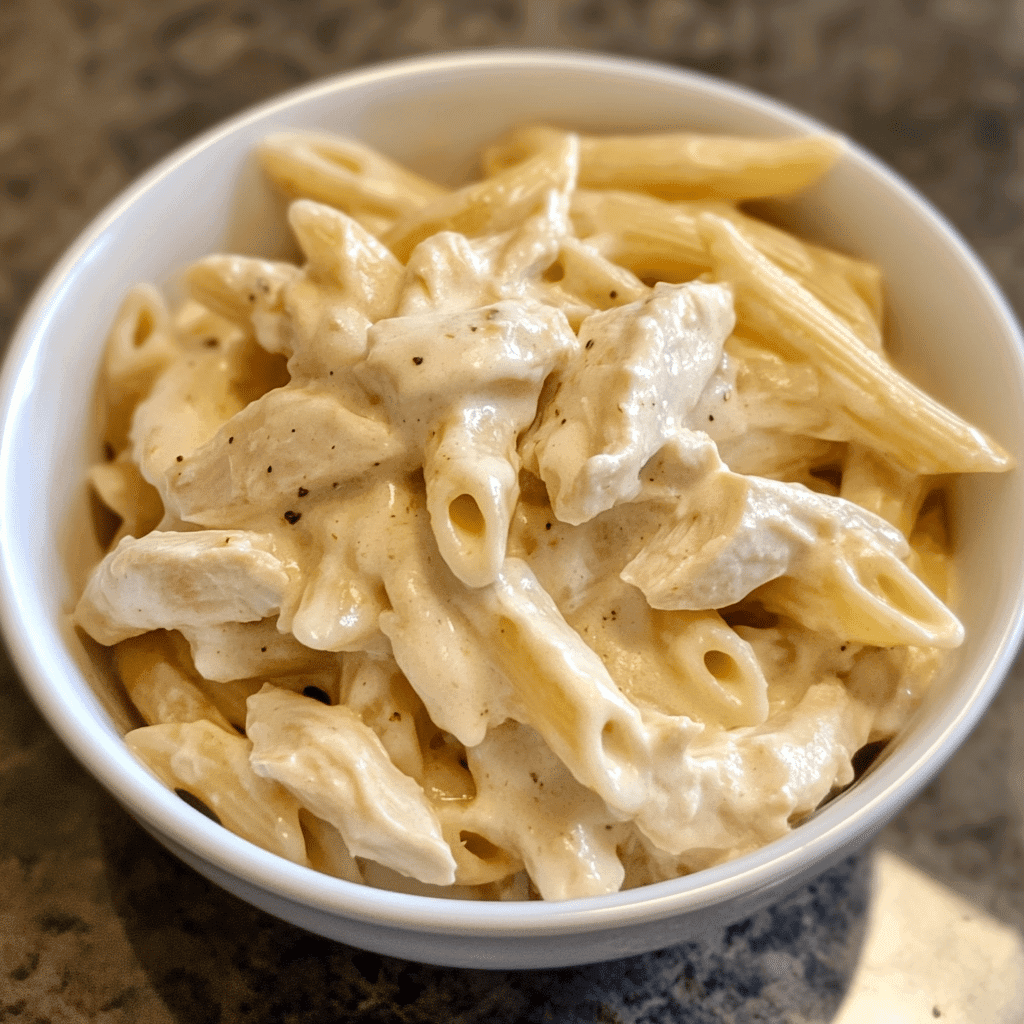 Plated chicken Boursin cheese pasta with parsley, bread, and white wine