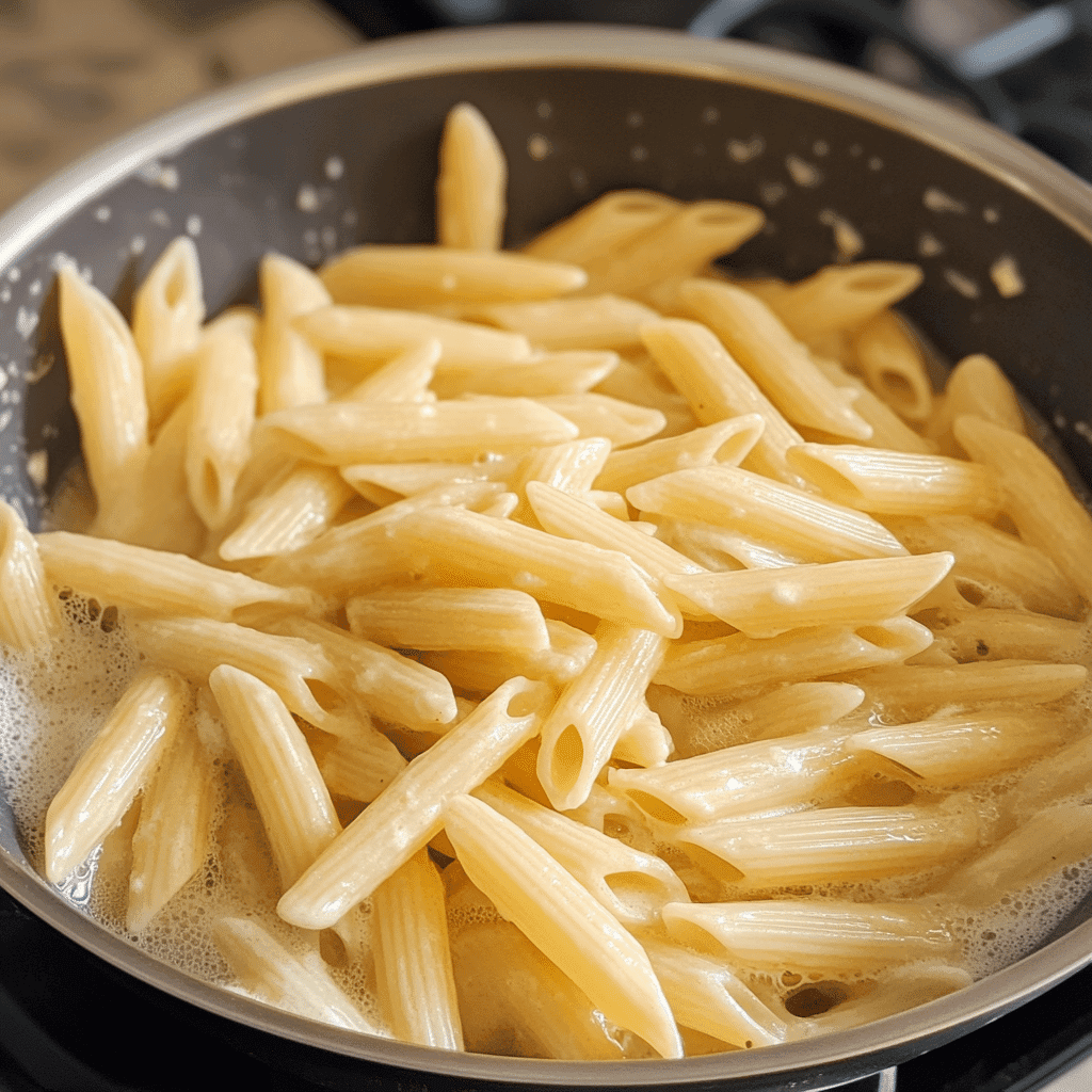 Boiling penne pasta in salted water for chicken pasta recipe without cream