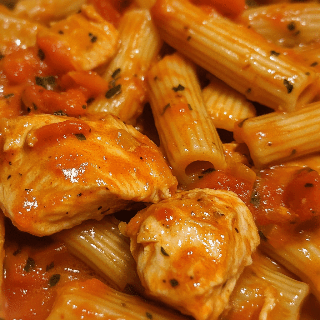 Mixing pasta and chicken together in a skillet