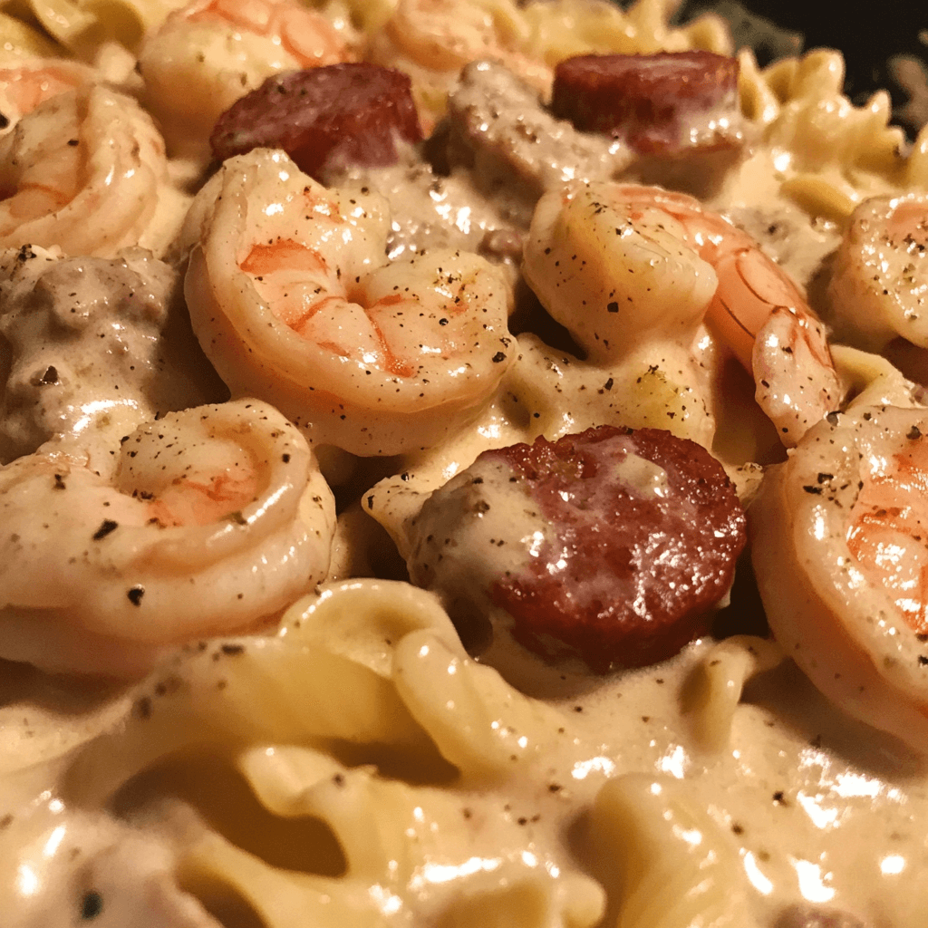 cooking pasta for creamy cajun shrimp and smoked sausage pasta
