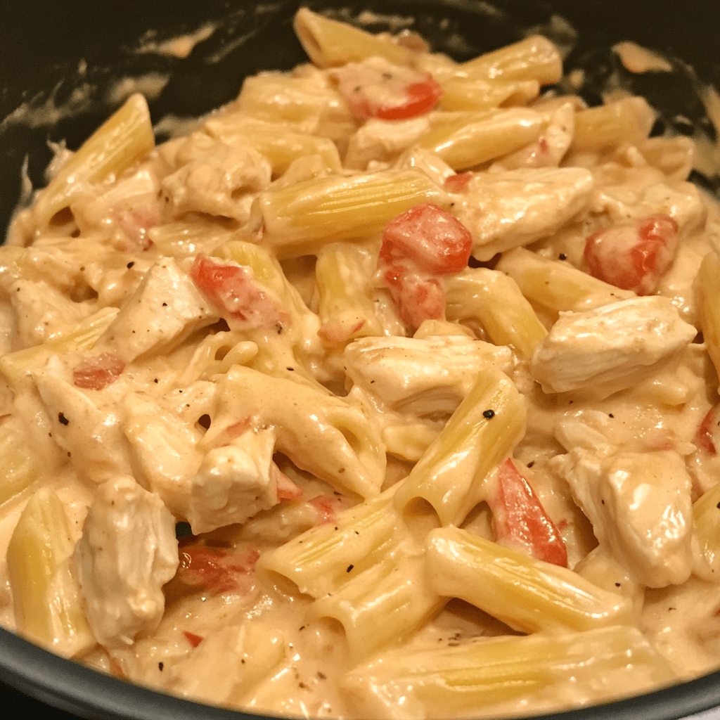 Boursin cheese melting into creamy sauce for chicken pasta with tomatoes