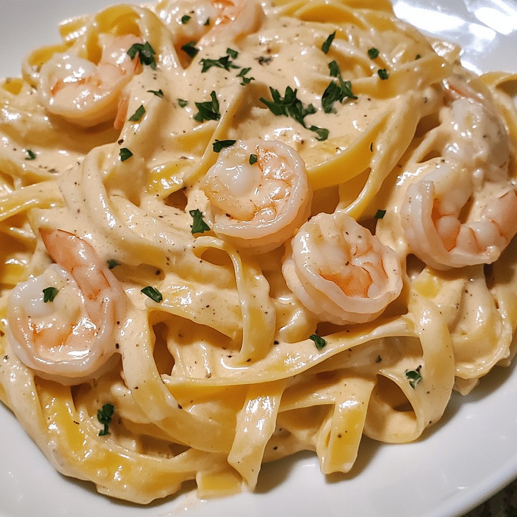 Creamy Boursin shrimp pasta served in a bowl, garnished with parsley