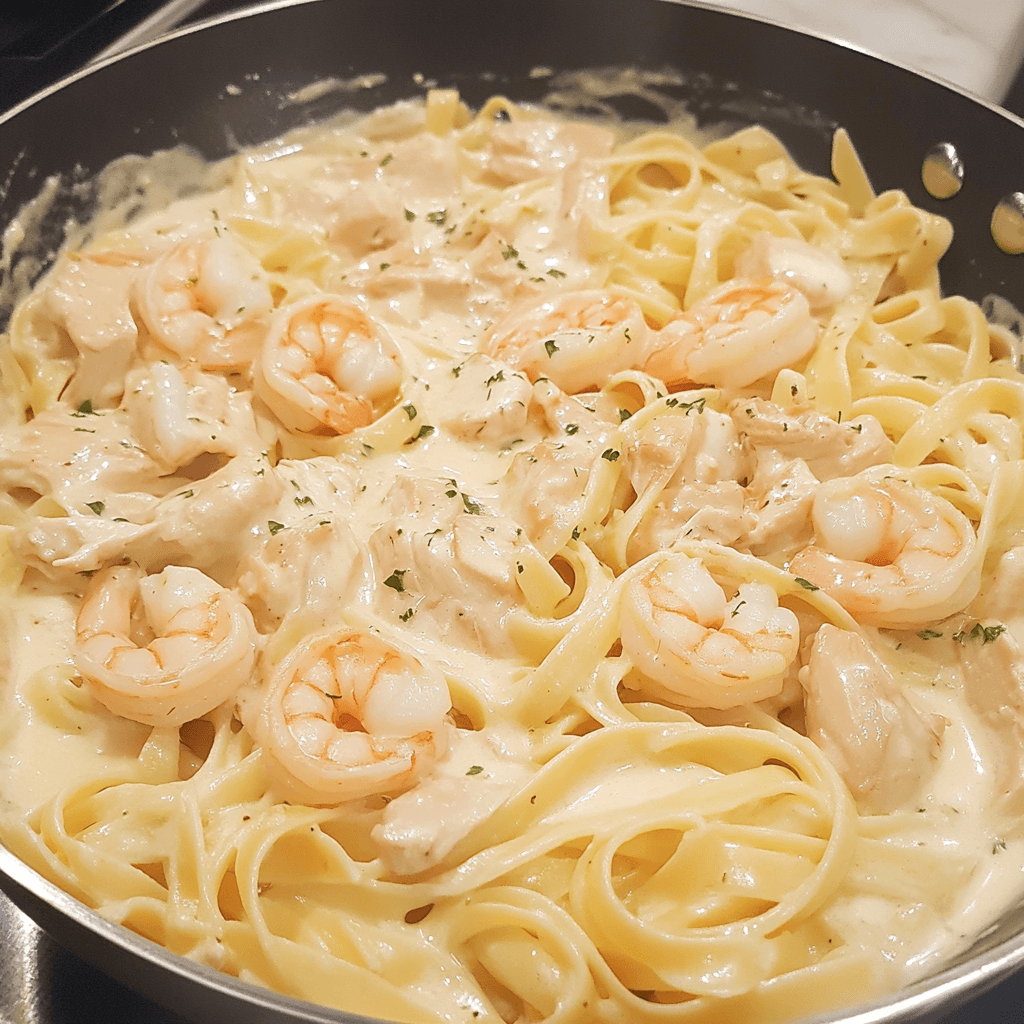 Adding heavy cream and milk for creamy fettuccine alfredo with shrimp and chicken