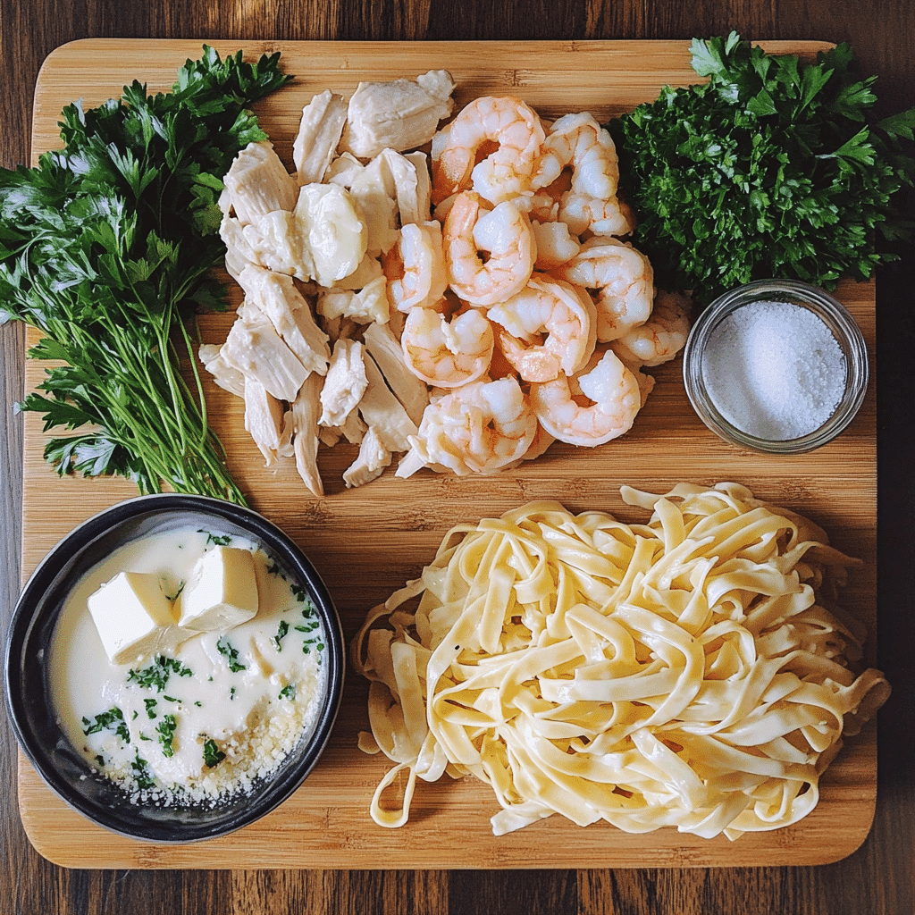 Ingredients for fettuccine Alfredo with shrimp and chicken