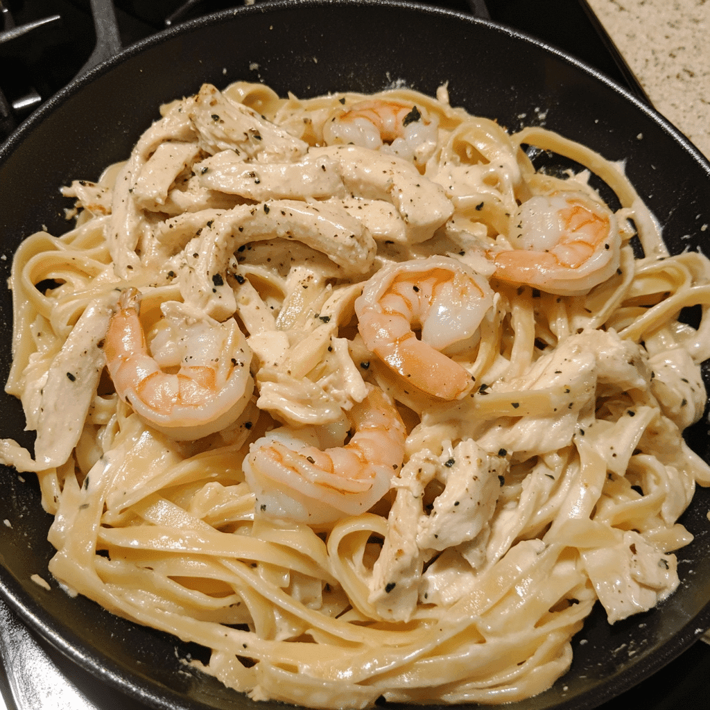 Plated fettuccine Alfredo with shrimp and chicken, ready to serve