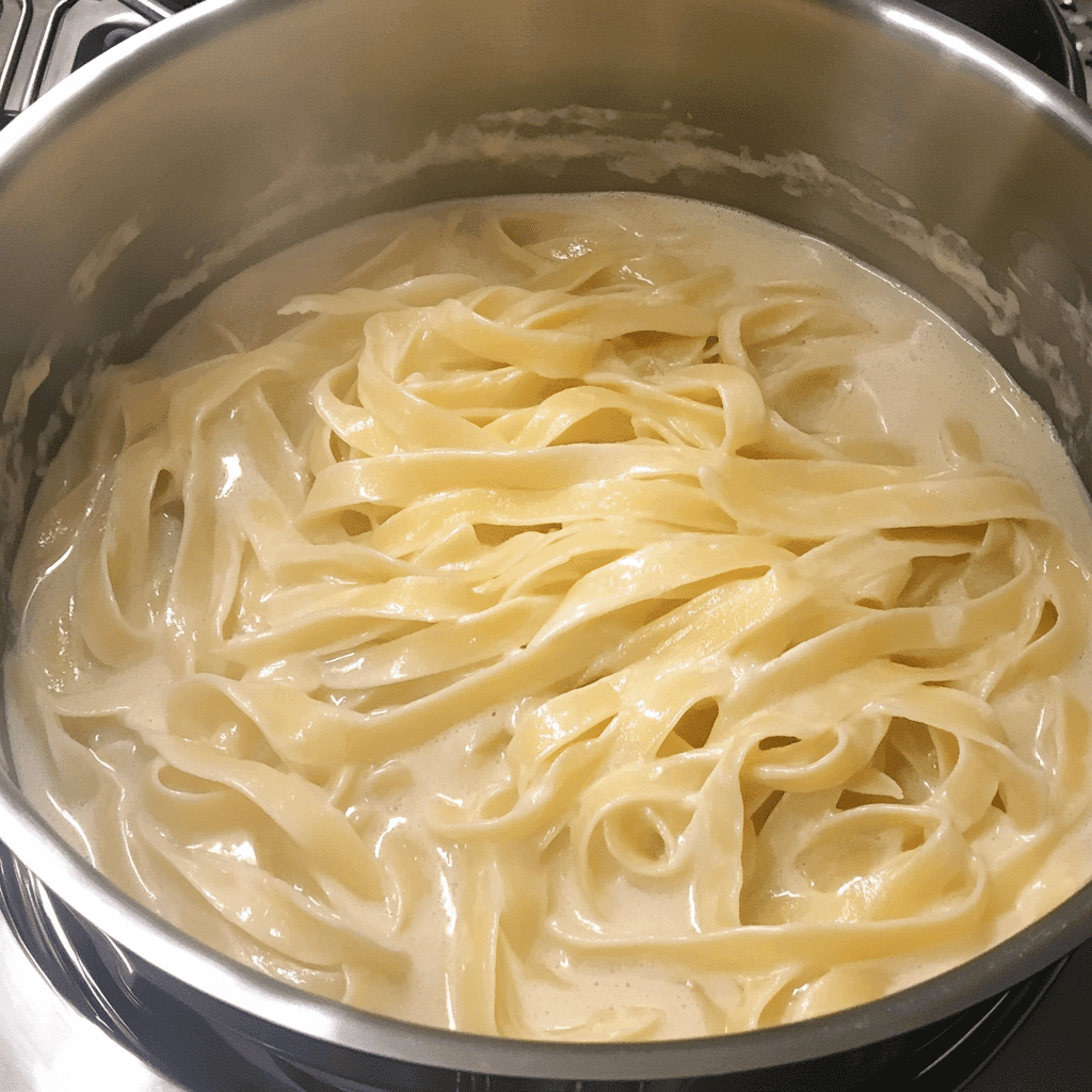 Cooking fettuccine pasta for creamy fettuccine alfredo with shrimp and chicken