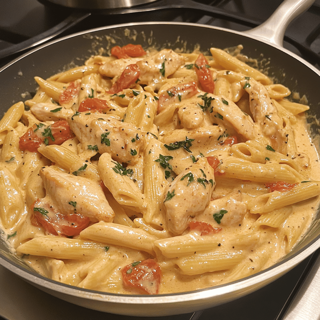 Boursin chicken pasta with tomatoes in a creamy sauce