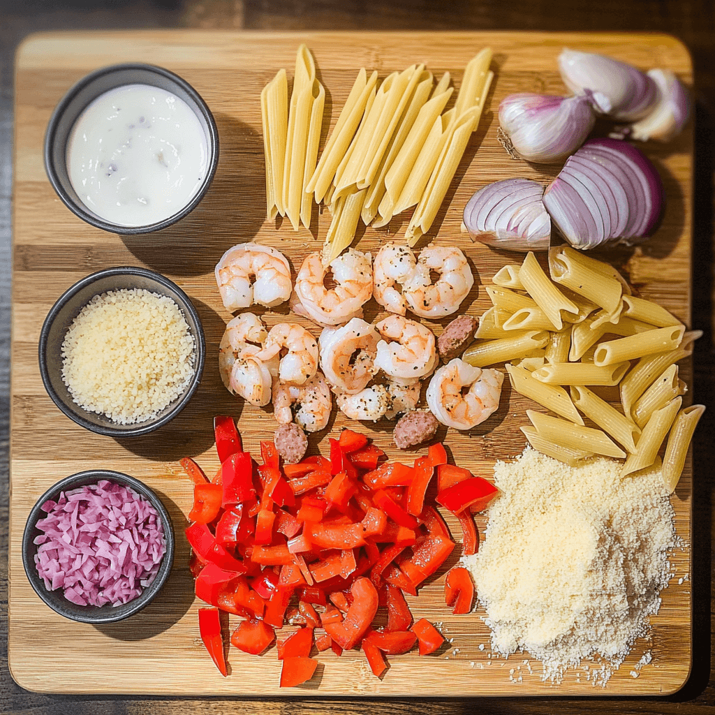 Ingredients for Cajun shrimp and smoked sausage pasta