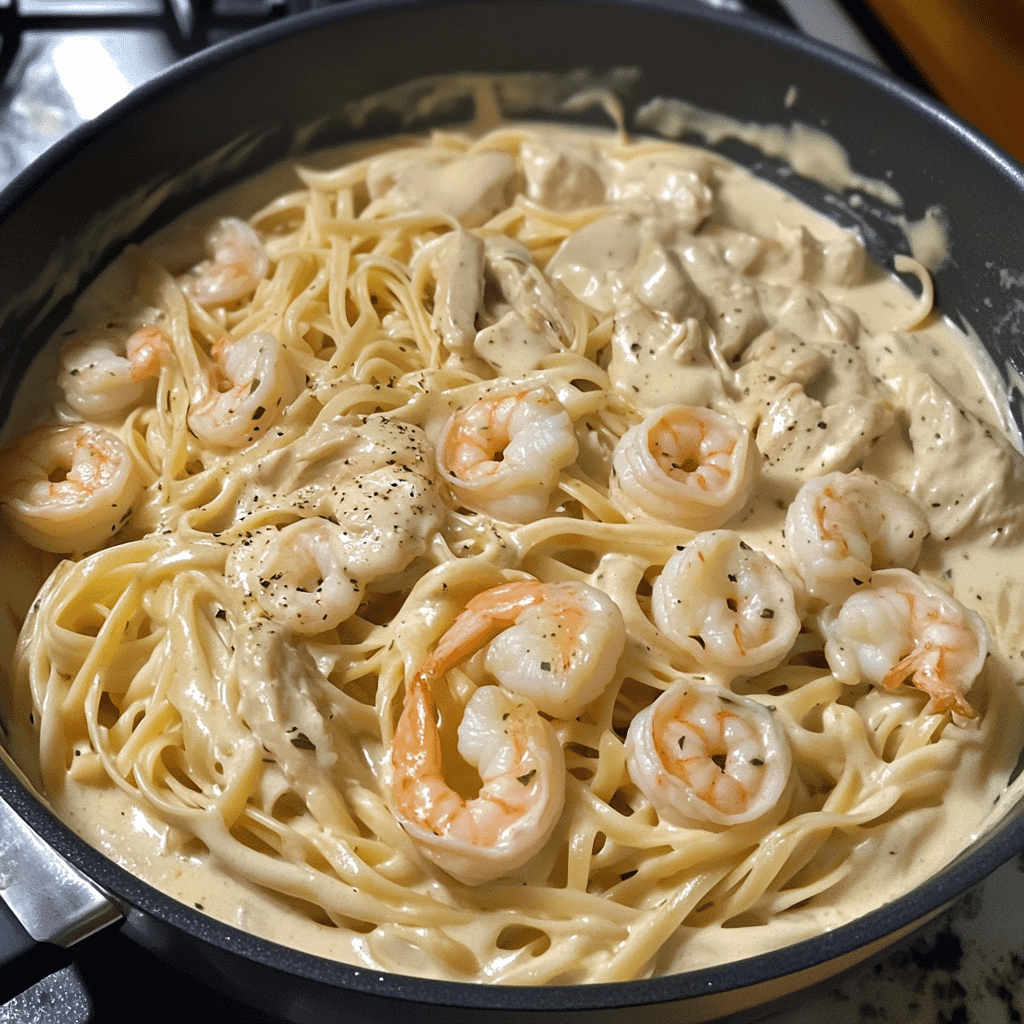 Common mistakes to avoid when cooking chicken and shrimp Alfredo pasta, like overcooked shrimp and curdled sauce