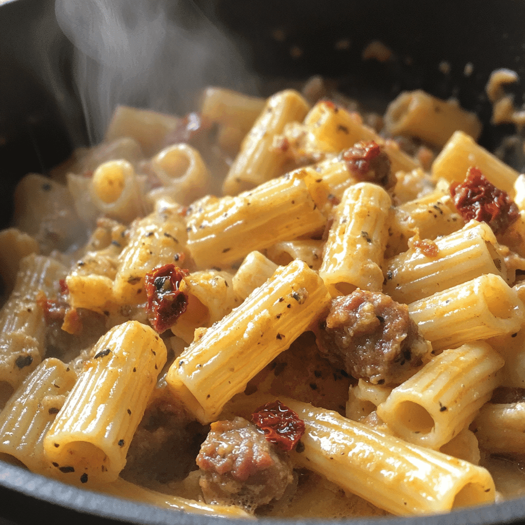 Mixing pasta into creamy sausage and sun dried tomato sauce