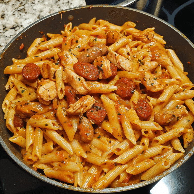 One pot smoky Cajun chicken and sausage pasta in a rustic cast iron pot