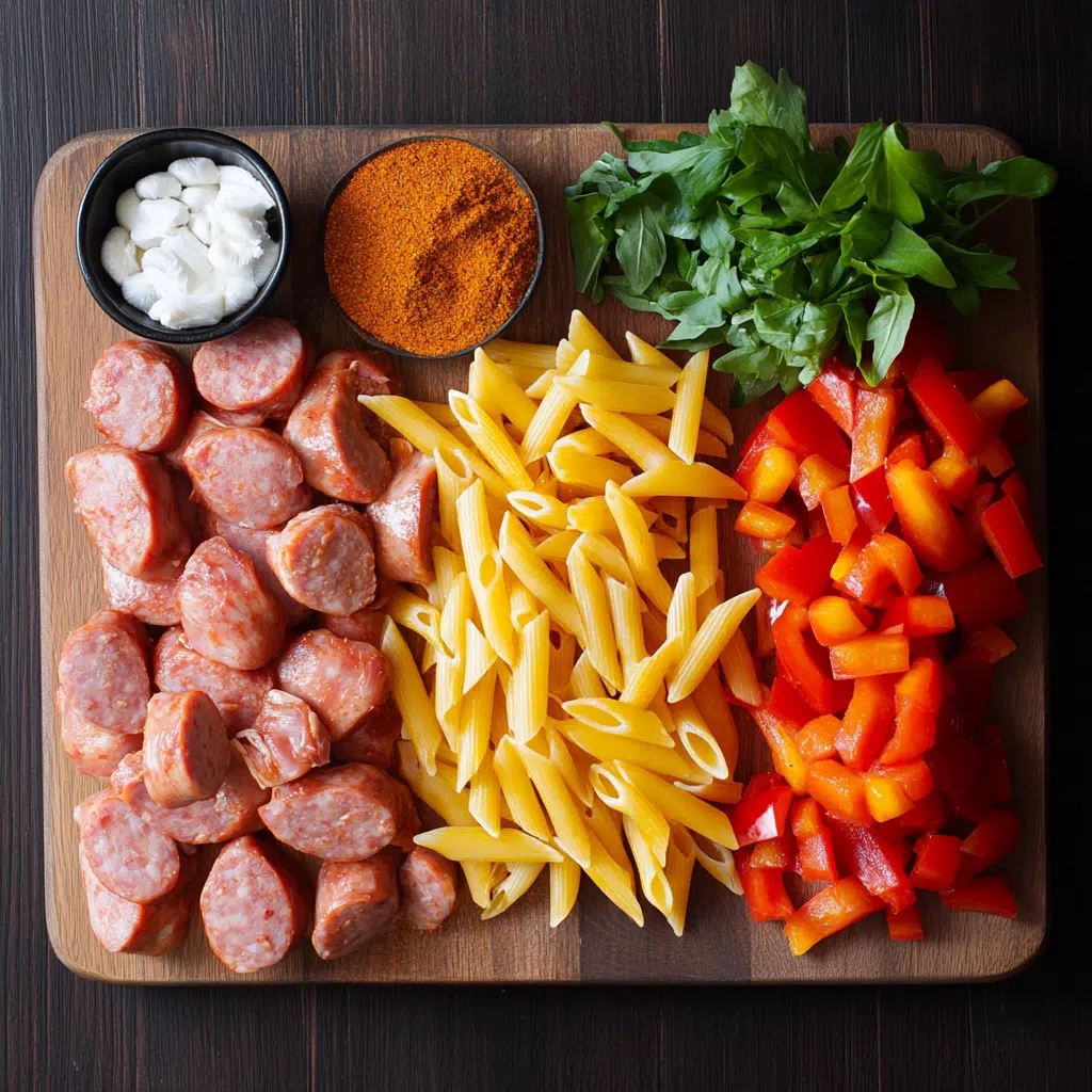 Ingredients for one pot smoky cajun chicken and sausage pasta