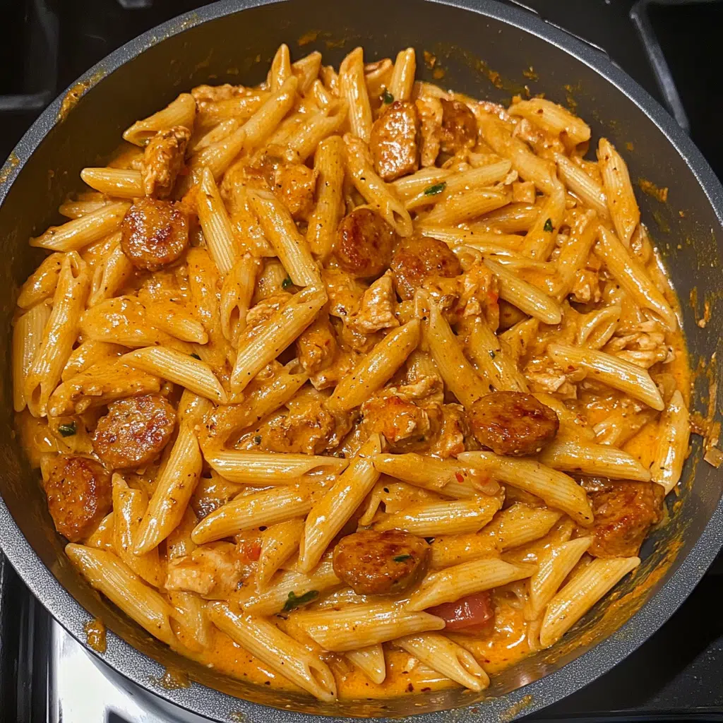 Plated smoky Cajun chicken and sausage pasta
