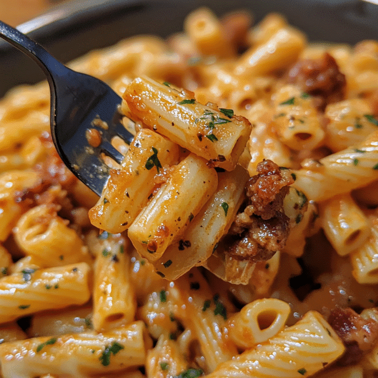pasta with sausage and sun dried tomatoes​ in rustic skillet