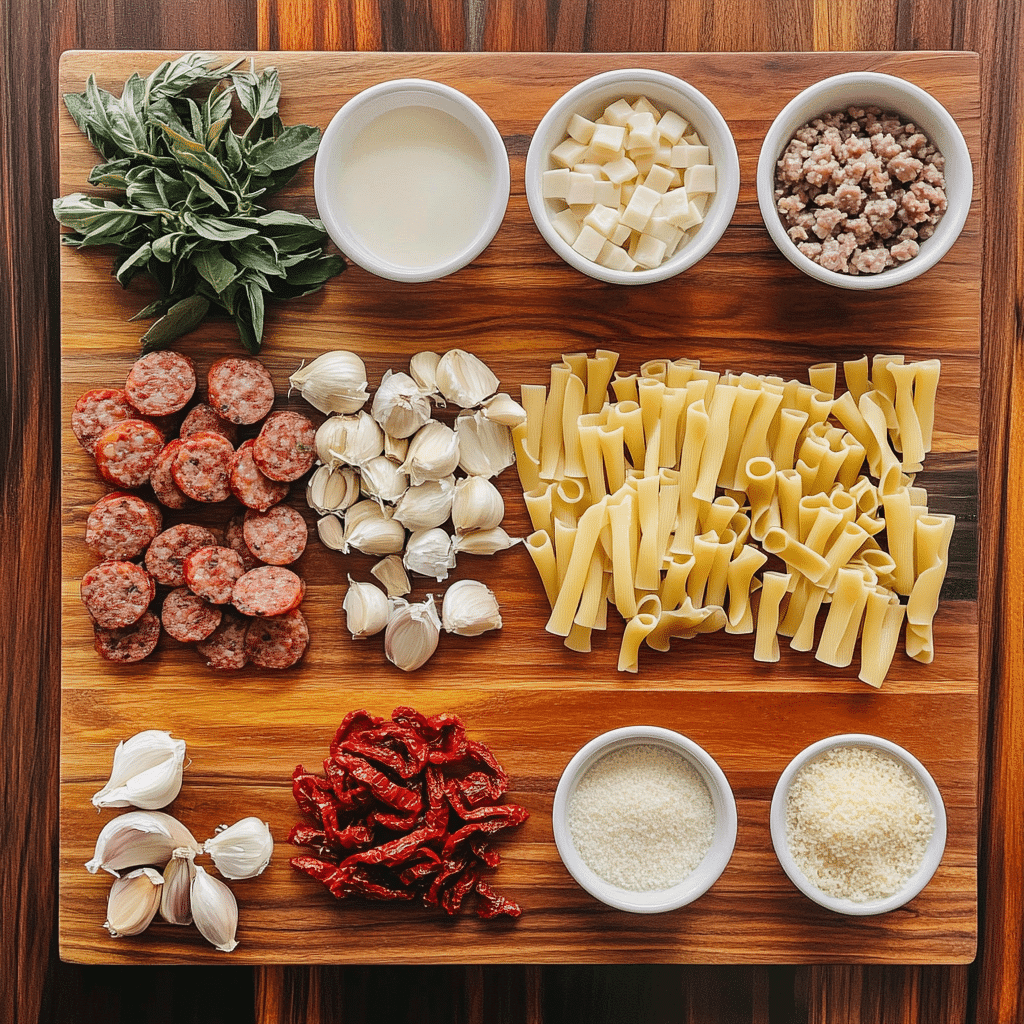 ingredients for pasta with sausage and sun dried tomatoes​