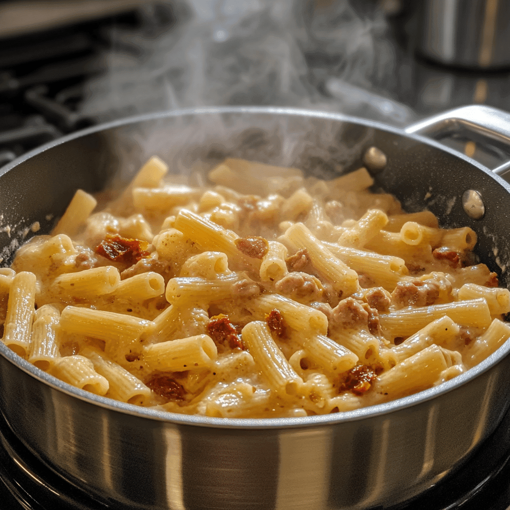sausage and sun dried tomatoes cooking in skillet