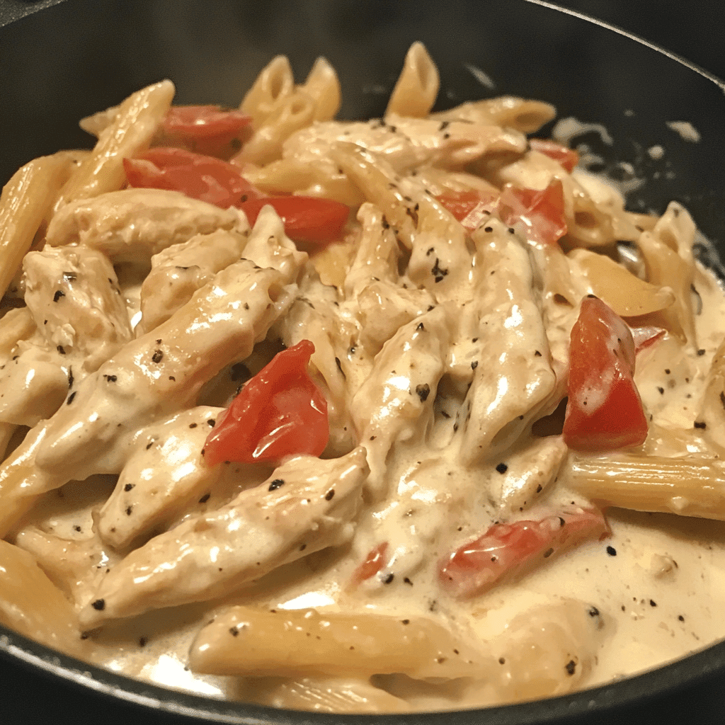 Served Boursin chicken pasta with tomatoes and Parmesan