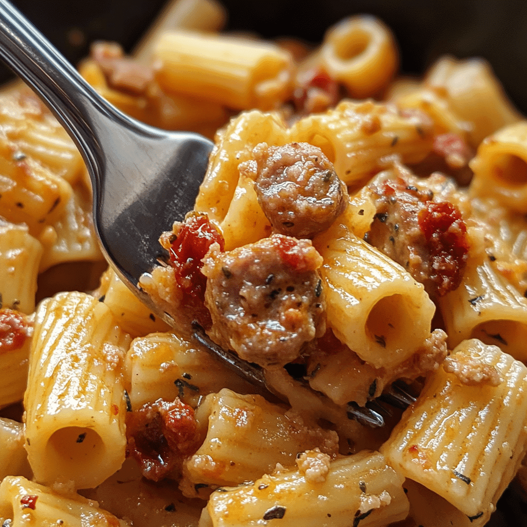 Mixing pasta into creamy sausage and sun dried tomato sauce