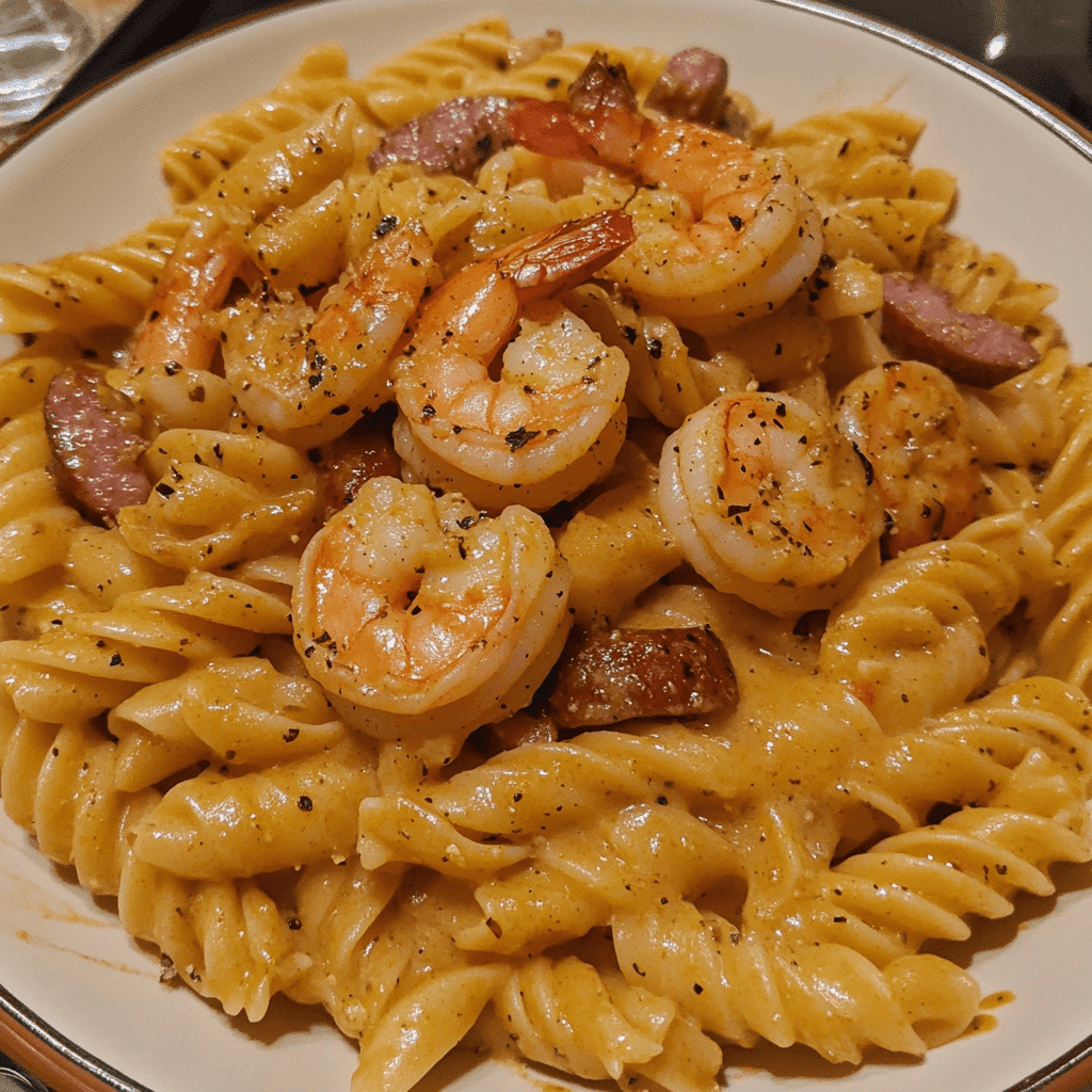 Served Cajun shrimp and smoked sausage pasta with garnish