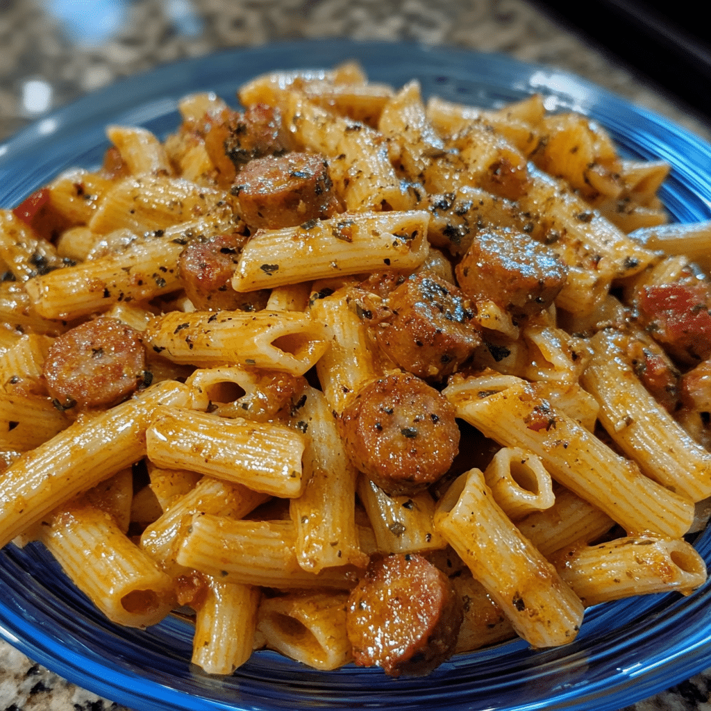 Plated spicy Cajun garlic butter sausage pasta with fresh garnish
