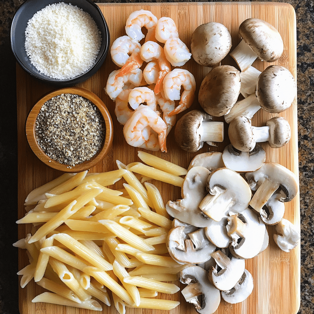 Ingredients for shrimp mushroom pasta arranged on countertop
