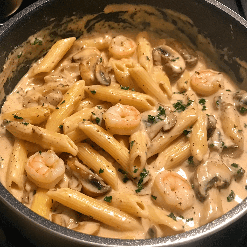 one pot creamy shrimp mushroom pasta