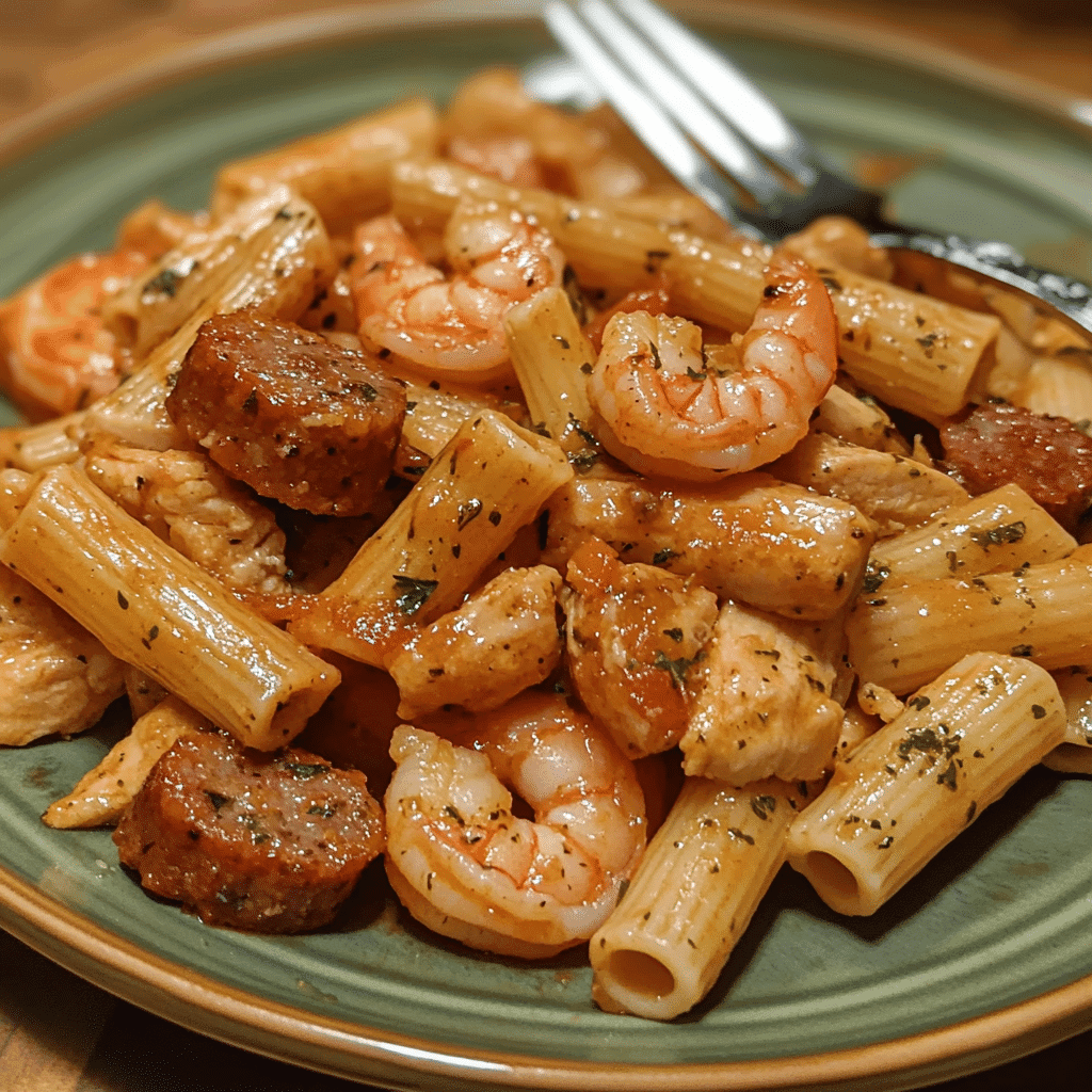 serving shrimp sausage and chicken pasta