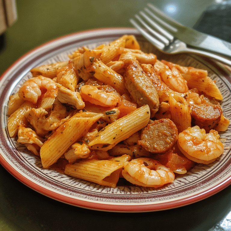 shrimp sausage and chicken pasta in skillet