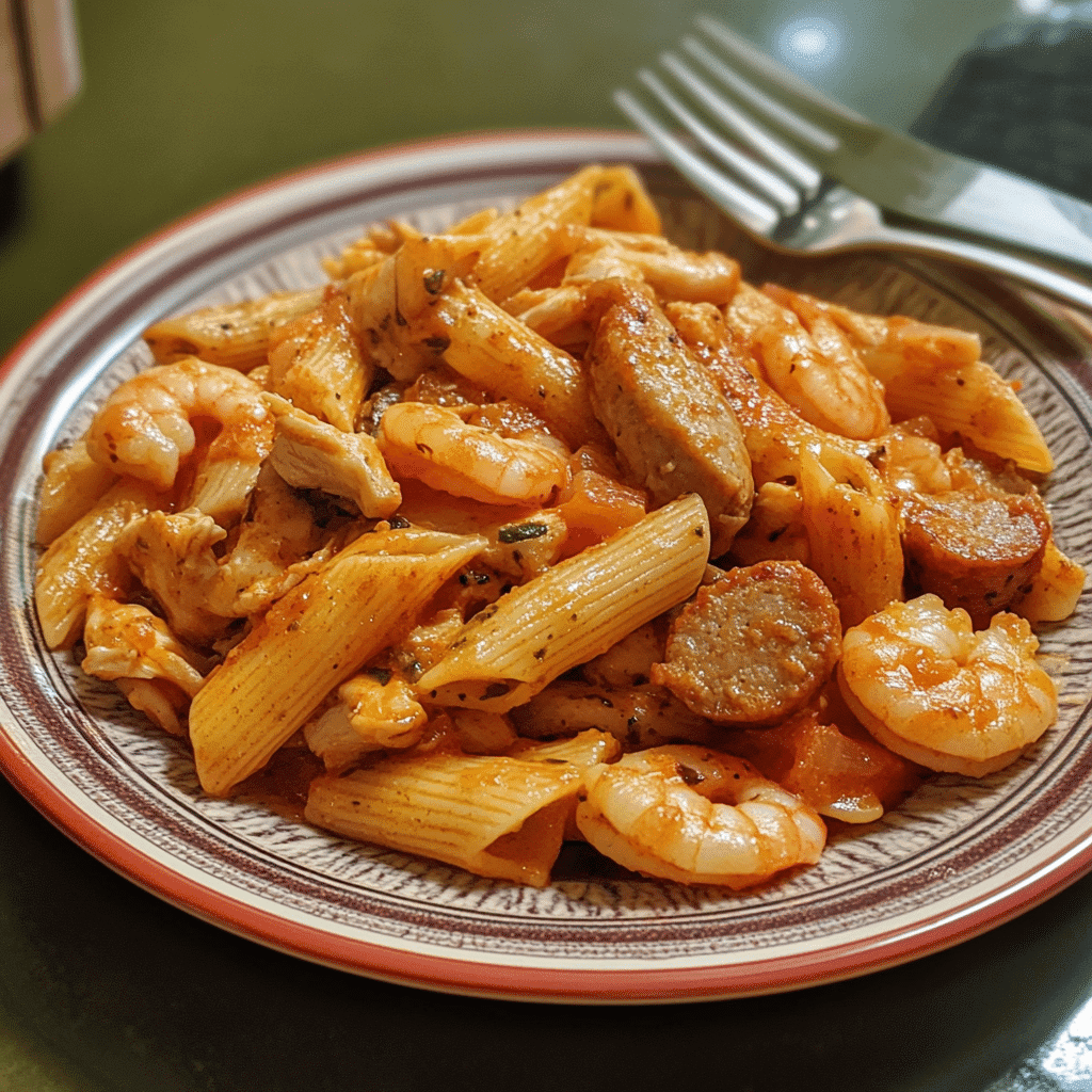 shrimp sausage and chicken pasta in skillet