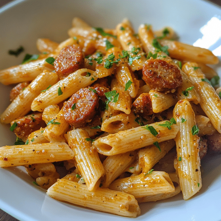 Spicy Cajun garlic butter sausage pasta served hot