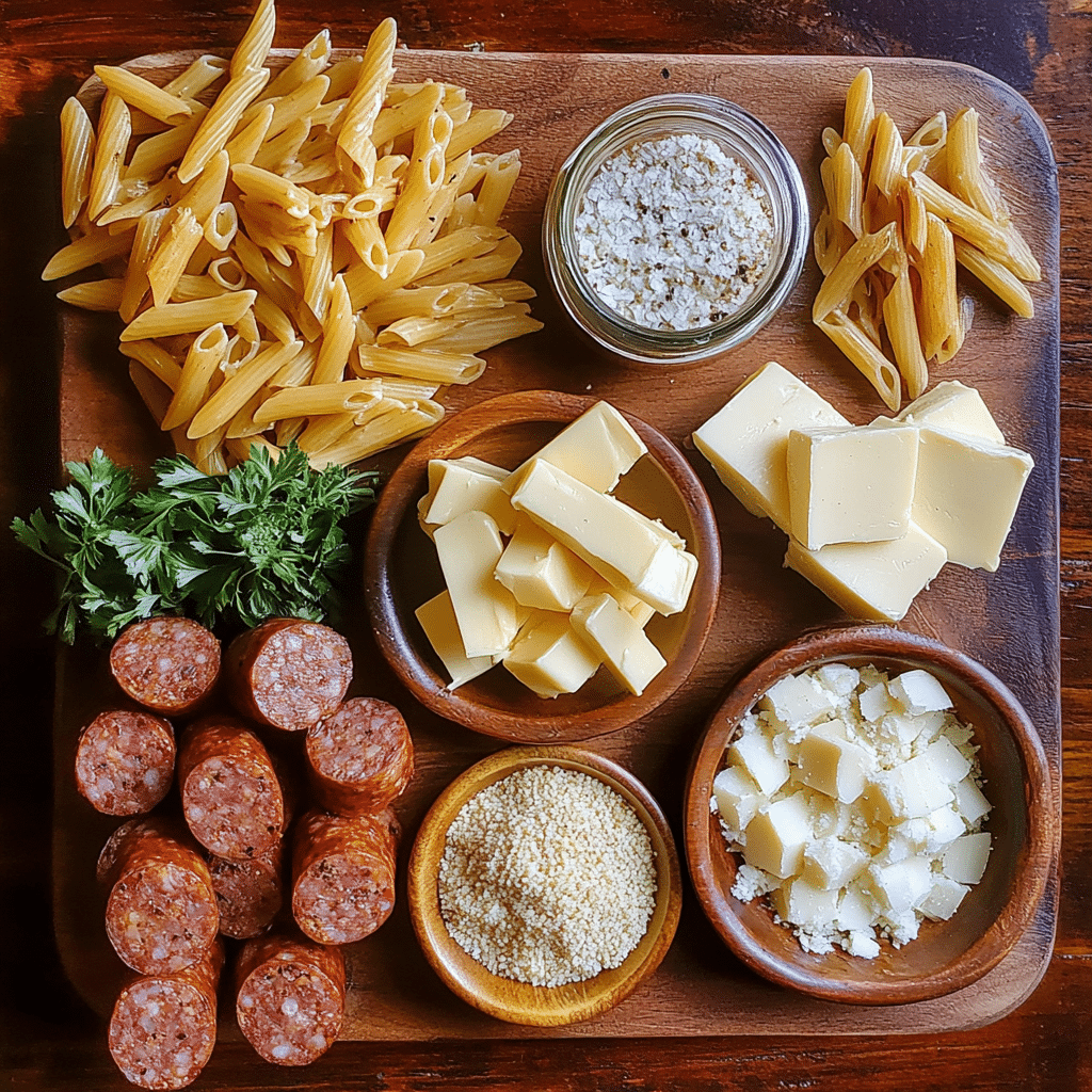 Flat lay of raw ingredients for spicy Cajun garlic butter sausage pasta