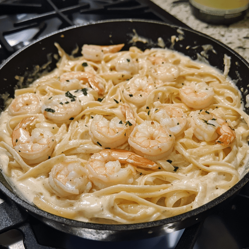 Shrimp sizzling in a skillet during step 2 of creamy Boursin shrimp pasta recipe