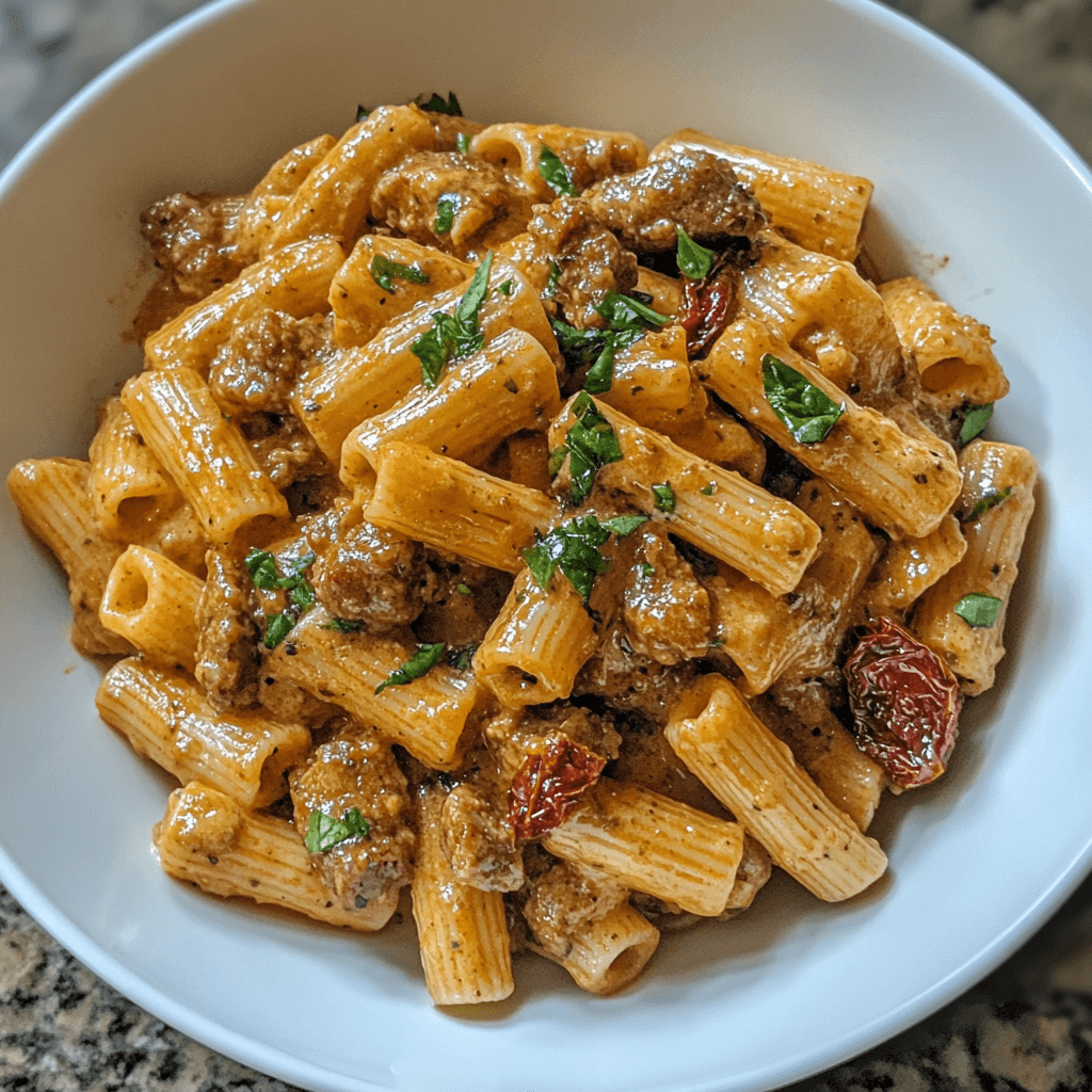 Storing creamy pasta with sausage and sun dried tomatoes in airtight container