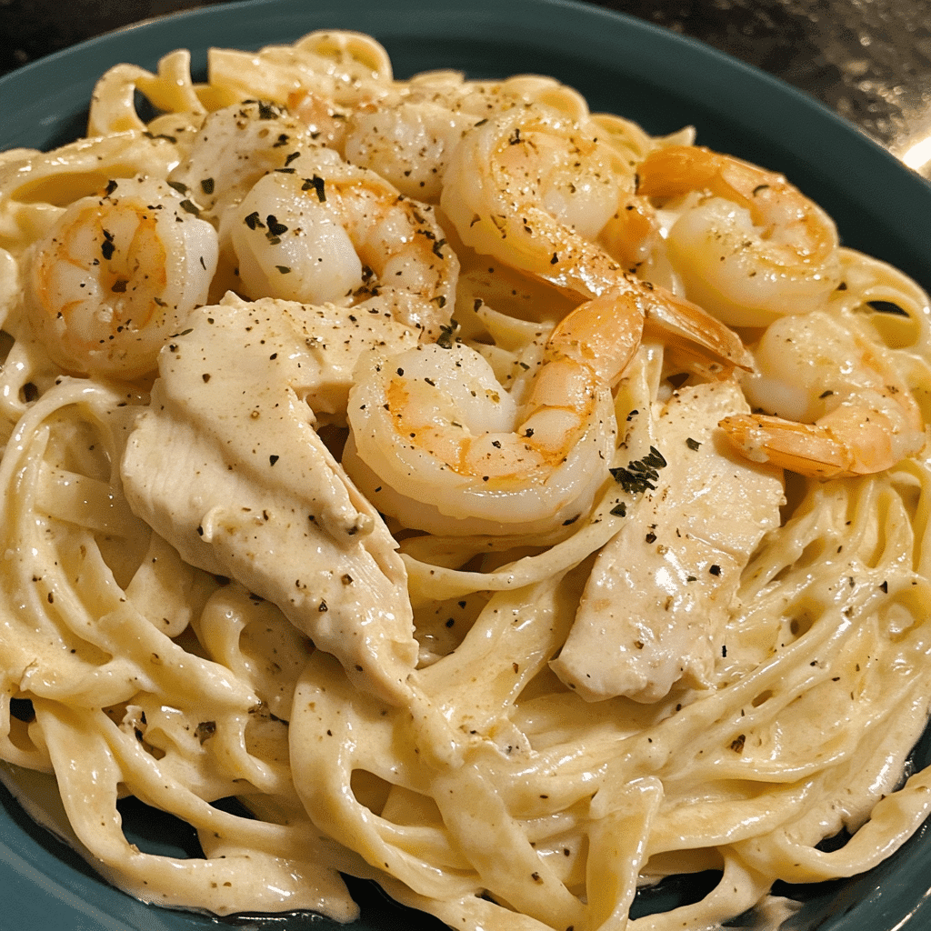 Creamy fettuccine alfredo with shrimp and chicken in a white bowl, garnished with fresh parsley