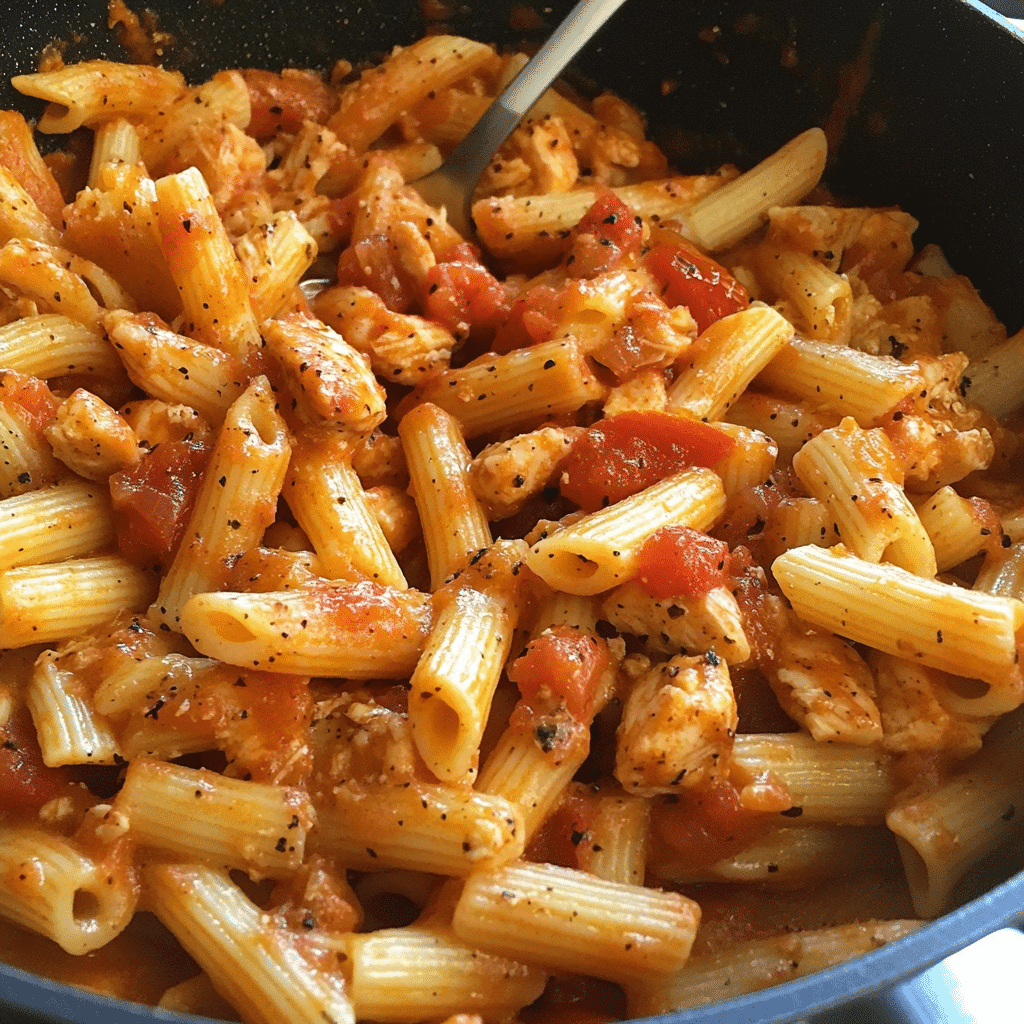 A bowl of chicken pasta without cream, made with tomatoes, garlic, and herbs—ideal for everyday cooking.